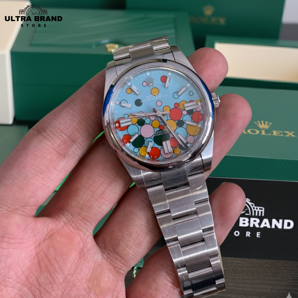 Celebration Motif Dial Rolex Oyster Perpetual 41mm Turquoise Blue Dial Replica - Image 2